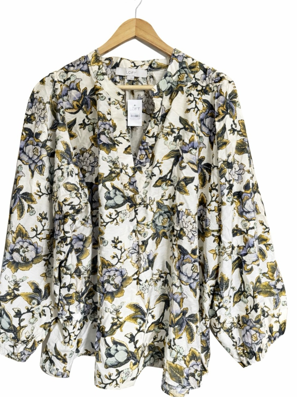 🌺LOFT Cream Floral V-Neck Blouse with Blue & Olive Print